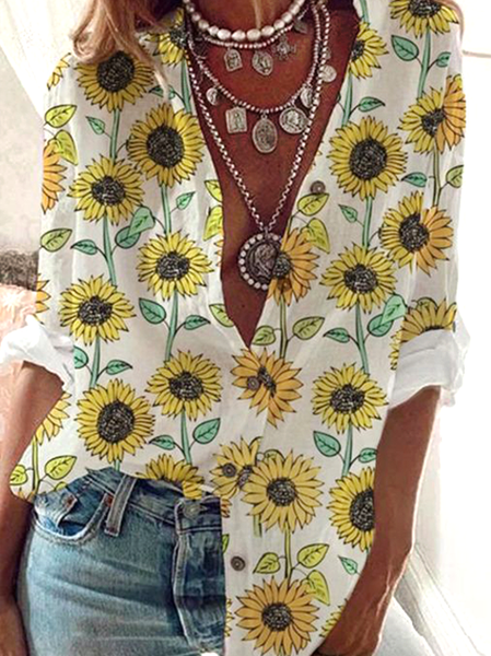 Sunflower Print Casual Resort V-Neck Shirt Loosen Long Sleeve Blouse, White, Tops
Sunflower Print Casual Resort V-Neck Shirt Loosen Long Sleeve Blouse, White, Tops