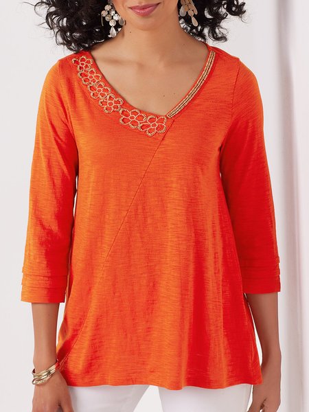 V Neck Casual Floral Three Quarter Tops, Orange, Tunics