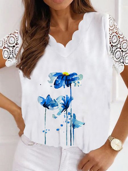 Romantic Floral Printed Lace Patchwork Casual Loosen V Neck Short Sleeve Tops, White, Tops