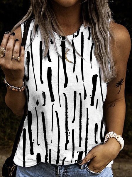 Casual Printed Crew Neck Sleeveless Loosen Knit Tank, White, Tank Top