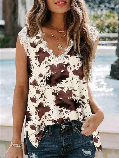 V Neck Leopard Knit Tank, Brown, Tanks & Camis