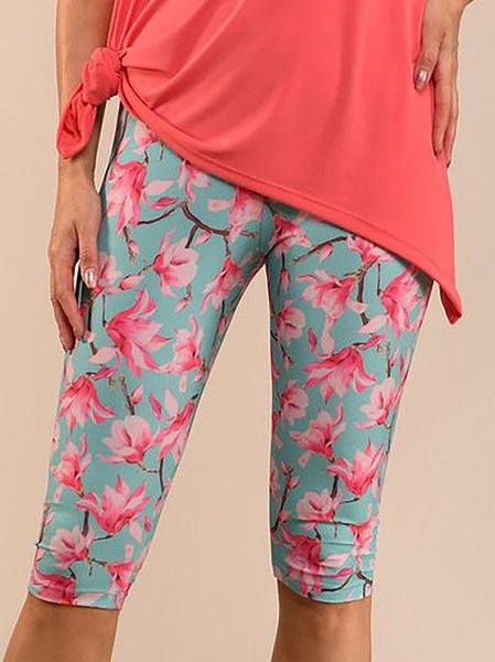 Aqua Floral Print Casual Elastic Waist Capri Leggings, Shorts