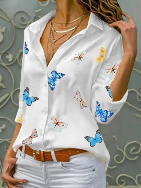Buttoned Casual Lapel Mid Sleeve Blouse, White, Blouses & Shirts