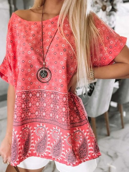 Boho Tribal Geometric Floral Casual Loosen Scoop Neckline Short Sleeve Tops, Flower, Tops