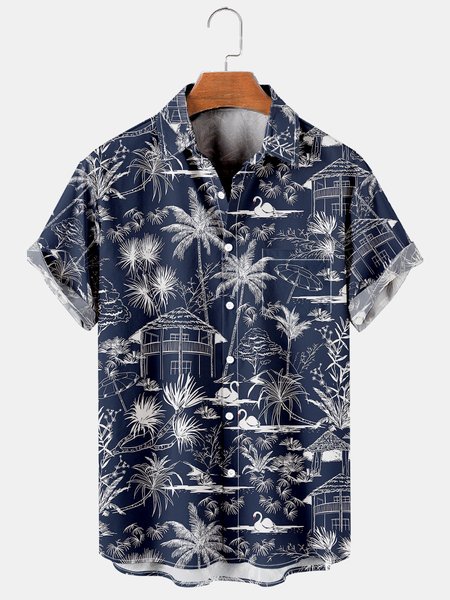 Men's Casual Short Sleeve Hawaiian Shirt with Chest Pocket Print, Deep blue, Men's Floral shirt