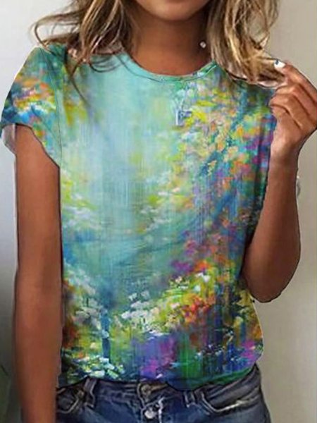 Abstract Floral Casual Crew Neck Loosen Short Sleeve T-Shirt, Flower, T-Shirts