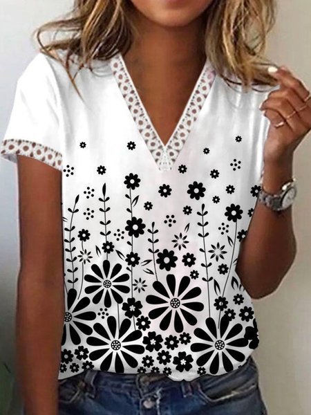 Casual Floral Short Sleeve V Neck Plus Size Printed Tops T-shirts, White, T-Shirts
Casual Floral Short Sleeve V Neck Plus Size Printed Tops T-shirts, White, T-Shirts