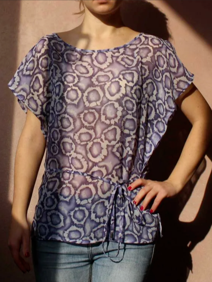 Loosen Leopard Crew Neck Short Sleeve Tops, Black, Shirts & Blouses