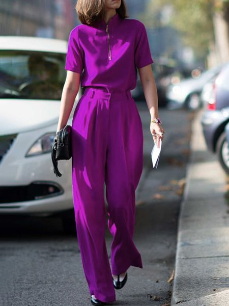 Regular Fit Simple Plain Daily Jumpsuit, Purple red, Jumpsuits