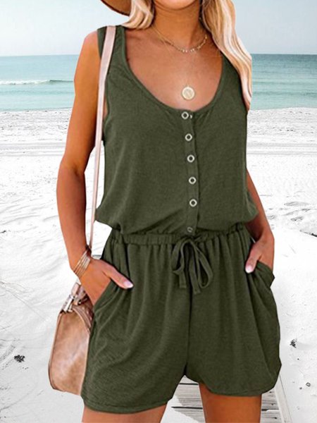 

JFN Crew Neck Buttoned Casual Vacation Beach Jumpsuit & Romper, Army green, Jumpsuits＆Rompers