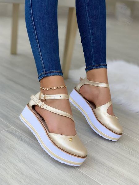 Heart Shaped Metal Beaded Platform Hollow Shoes, Golden, Sandals