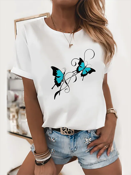 Butterfly Crew Neck Casual Short Sleeve T-Shirt, White, T-Shirts