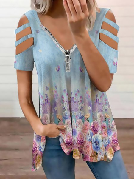 Floral Print V Neck Short Sleeve Tops, As picture, Blouses
