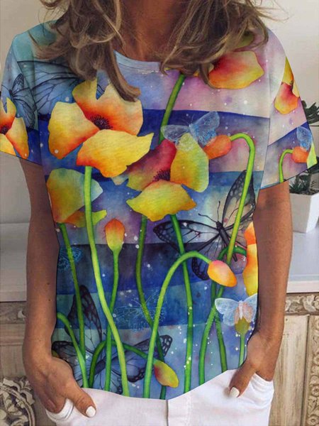 Casual Simple Floral Butterfly Print Crew Neck Short Sleeve T-Shirt, As picture, T-shirts
Casual Simple Floral Butterfly Print Crew Neck Short Sleeve T-Shirt, As picture, T-shirts