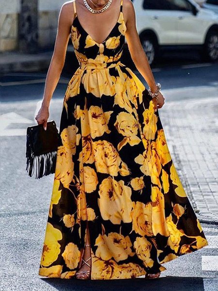 Holiday Floral V Neck Sleeveless Woven Dress, Yellow, Maxi Dresses