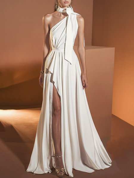 Plain Regular Fit Sleeveless Woven Maxi Dress, White, Maxi Dresses