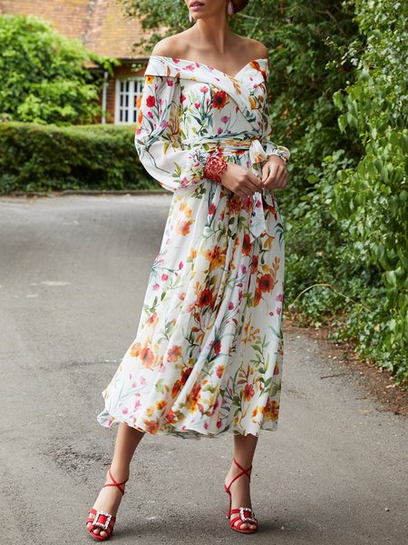 Vacation V Neck Long Sleeve Printed Floral Dress, Multicolor, Midi Dresses
