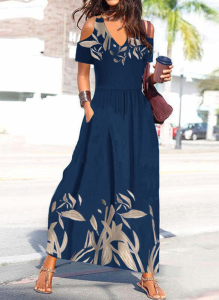 V Neck Cotton Blends Leaves Short Sleeve Knit Dress, Blue, Maxi Dresses