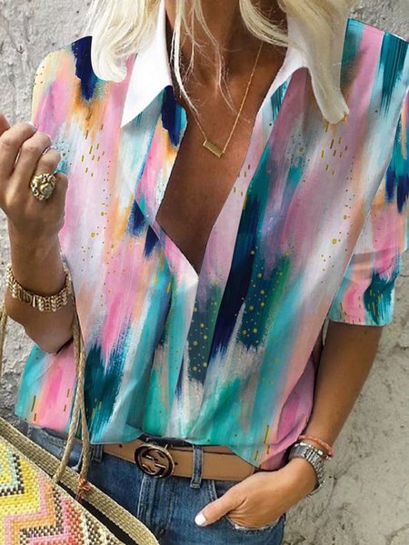 Loosen Geometric Long Sleeve Blouse, Multicolor, Blouses & Shirts