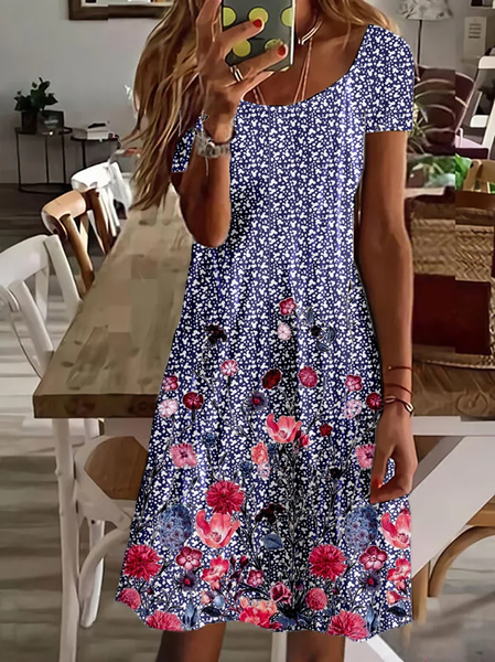 Crew Neck Short Sleeve Knit Dress, Purplish blue, Mini Dresses