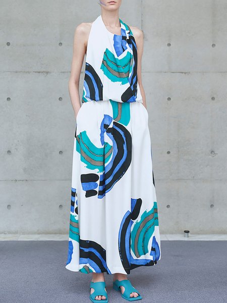 Abstract Statement Sleeveless Woven Maxi Dress, Blue, Maxi Dresses