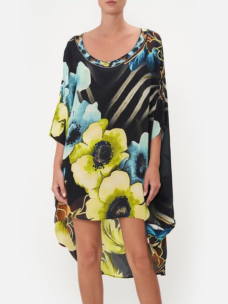 Vacation Crew Neck Loosen Short Sleeve Woven Dress, Black, Mini Dresses