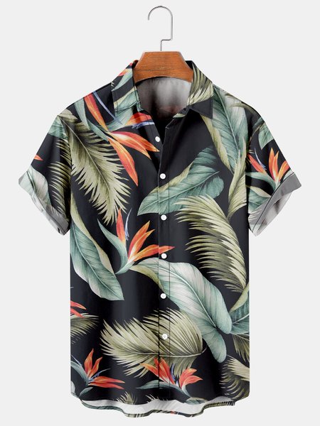 Men's Marine Botanical Print Hawaiian Short Sleeve Shirt, As picture, Men's Floral shirt