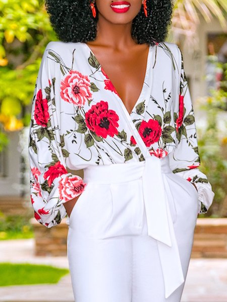 Vacation Floral Long Sleeve Printed Top, White, Tops