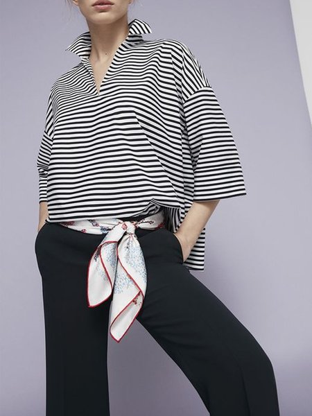 Striped Shirt Collar Vacation Short Sleeve Top, Black-white, Tops