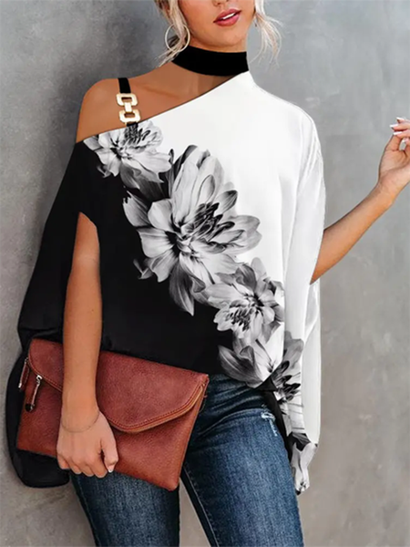 Floral Casual One Shoulder Short Sleeve T-Shirt, As picture, T-Shirts