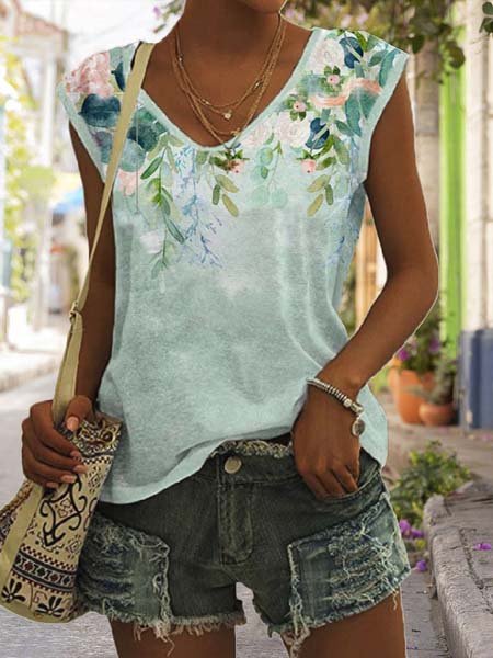 V Neck Floral Loosen Knit Tank, Green, Tanks & Camis