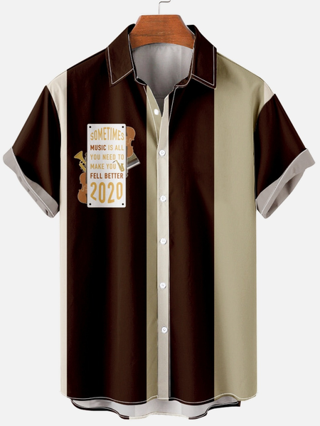 Music Casual Short Sleeve Shirt, Brown, Short Sleeves Shirts