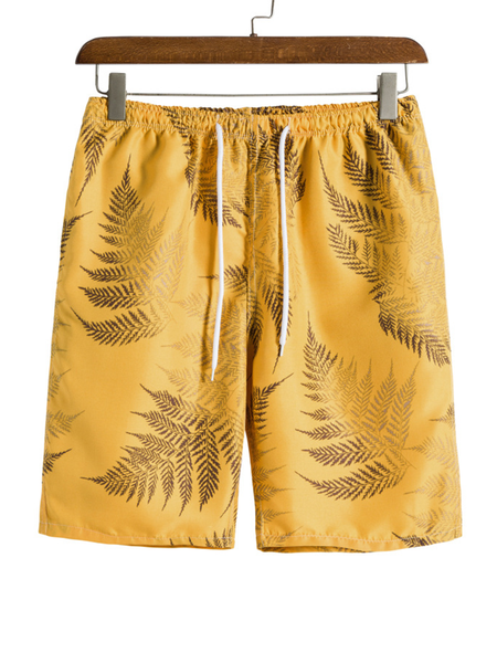 Casual Style Hawaiian Plant Leaves Coconut Tree Men's Shorts, Yellow, Shorts