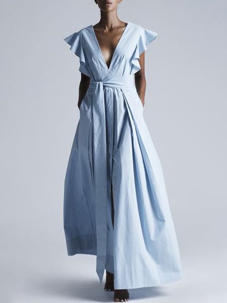 Frill Sleeve V Neck Vacation Woven Dress With Belt, Blue, Maxi Dresses