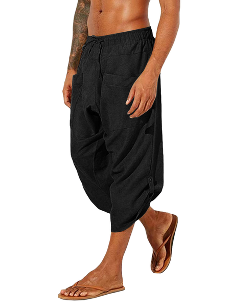 Men's Elastic Waist Cotton Linen Casual Pants, Black, Pants