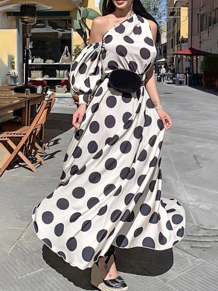 Polka Dots Regular Fit Vacation Off The Shoulder Maxi Dress, Black, Maxi Dresses