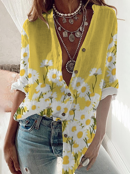 Casual V Neck Long Sleeve Blouse, Yellow, Blouses & Shirts