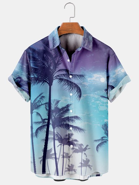 Men's Coconut Tree Print Casual Cool Breathable Hawaiian Short Sleeve Shirt, Blue, Men's Floral shirt