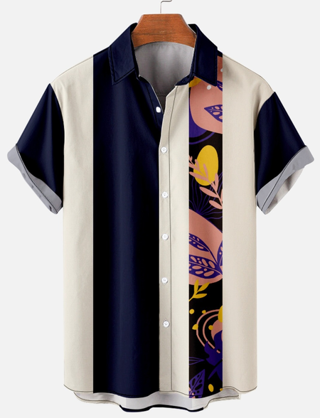 Geometric Flora Short Sleeve Shirt, Purplish blue, Short Sleeves Shirts