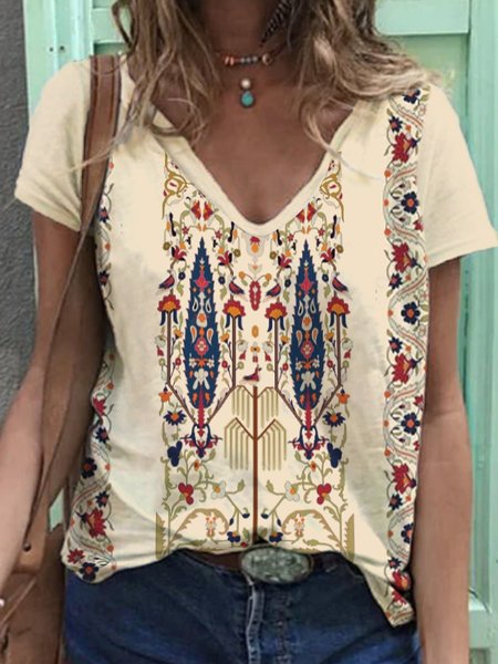 Tribal Pattern Casual V Neck Short Sleeve Tops, Beige, T-Shirts