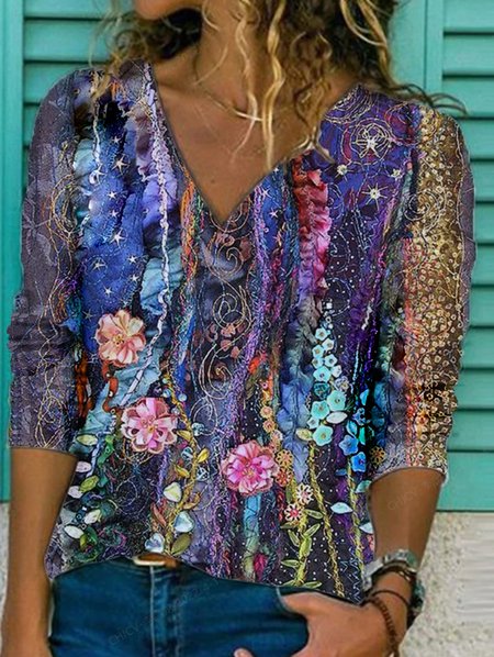 JFN V Neck Floral Causal Shirt, Blue, Shirts & Blouses