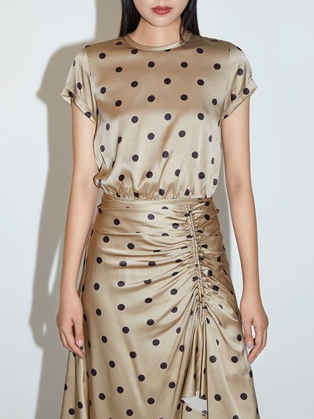Polka Dots Crew Neck Short Sleeve Top, Khaki, Tops
