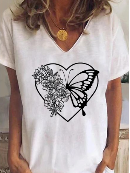 Butterfly Casual Loosen Short Sleeve T-Shirt, White, Tees & T-shirts