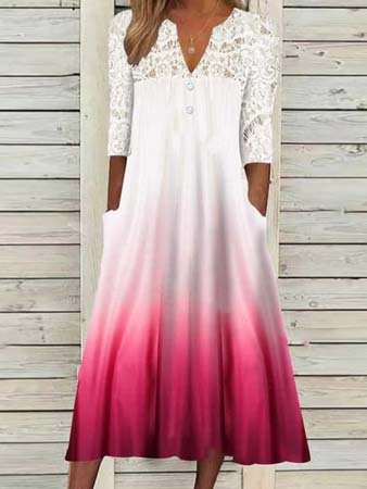 Ombre Lace Long Sleeve Woven Dress, White-red, Dresses