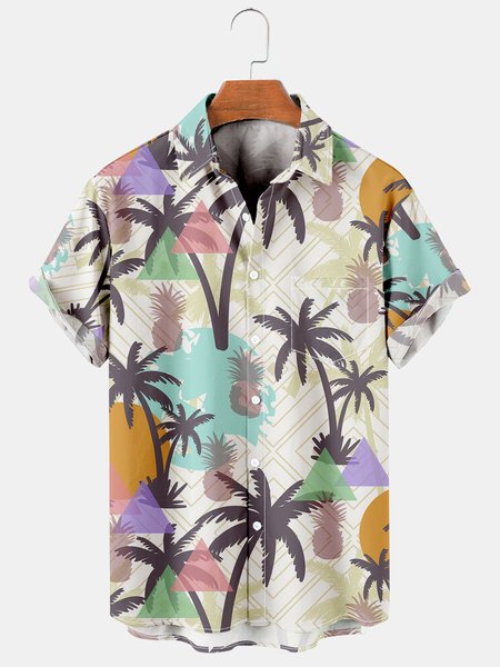 Coconut Tree Graphic Men's Hawaiian Casual Short Sleeve Shirt, White, Men's Floral shirt