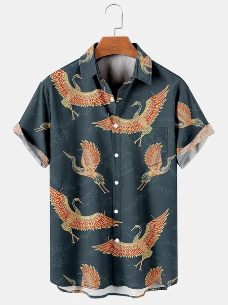 Japanese Crane Graphic Men's Casual Hawaiian Short Sleeve Shirt, Darkgreen, Men's Floral shirt