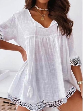 Loosen Casual Cotton Long Sleeve Tops, White, Shirts & Blouses