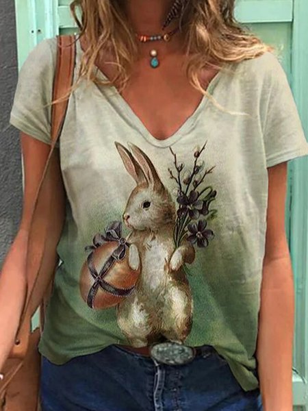 Casual Animal V Neck Loosen Short Sleeve T-Shirt, Green, T-Shirts