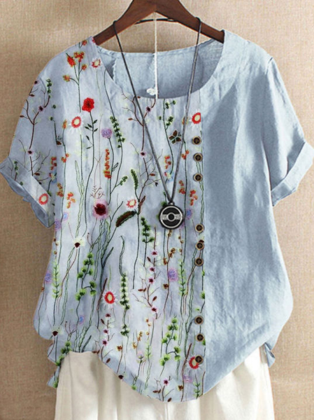 

JFN Round Neck Floral Buttoned Casual Blouse, Blue, T-Shirts