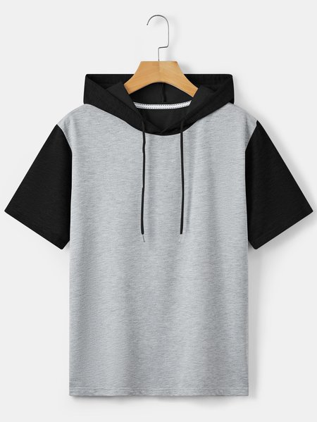 Hooded Simple Short Sleeve T-Shirt, Light gray, T-shirts